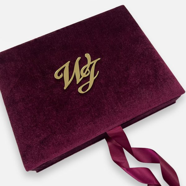 Burgundy velvet box with acrylic monogram