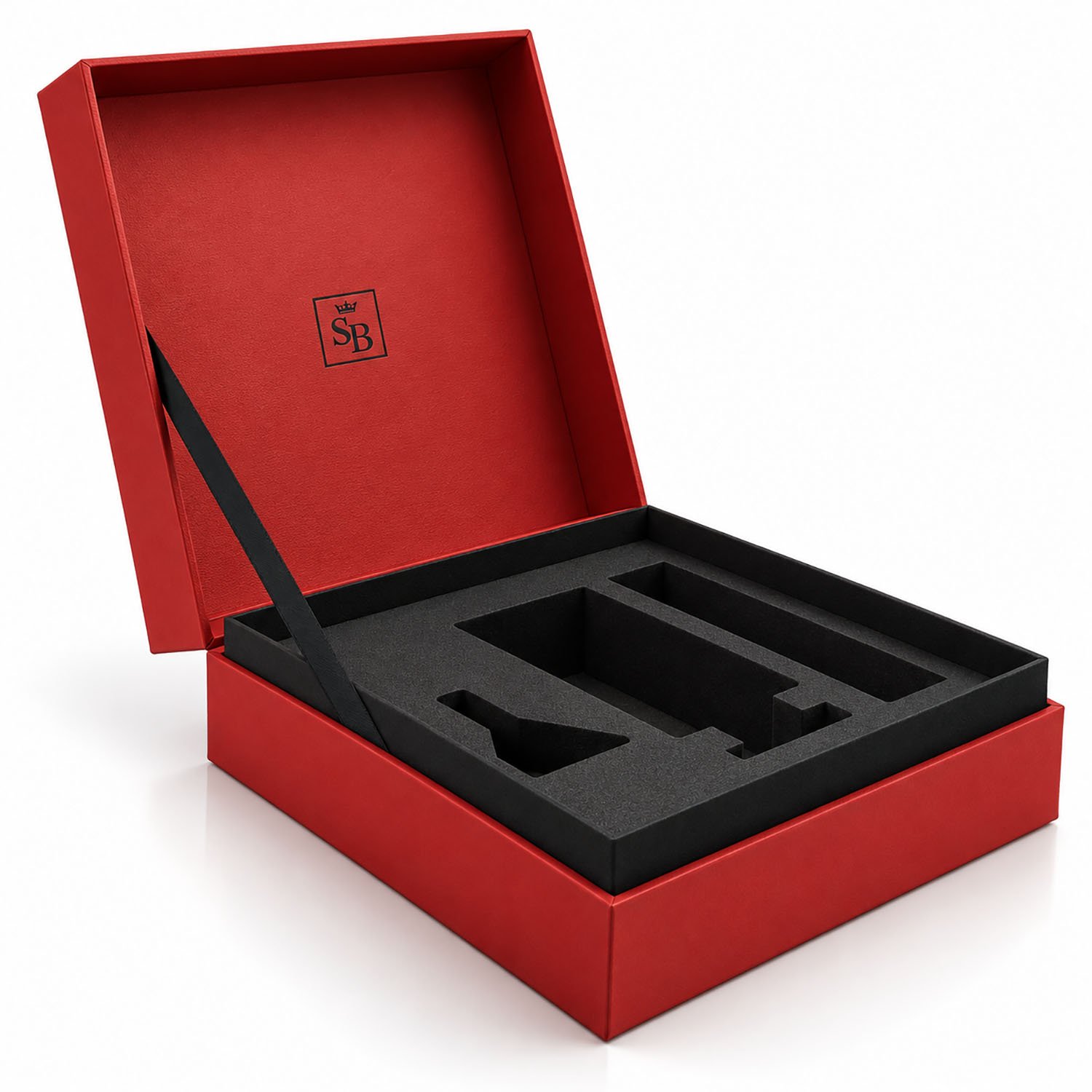 Open Custom Perfume Packaging Box featuring a precision laser-cut foam insert and black foil-stamped branding inside the lid.