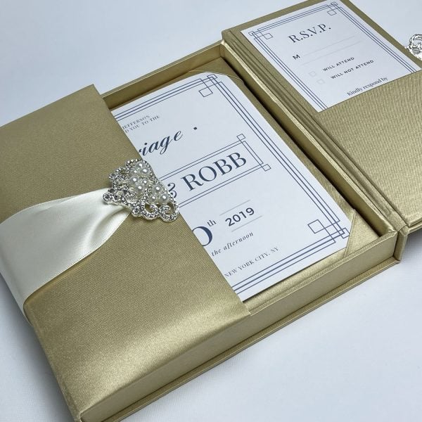 Luxury silk box with pearl brooch for wedding invitation cards