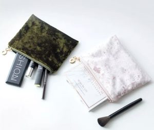 Olive green and off-white velvet cosmetic bag