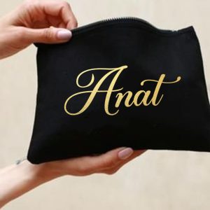 personalized black canvas cosmetic bag with golden text