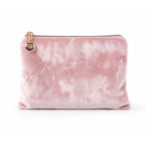 Pink velvet cosmetic bag with zipper closure