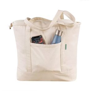 zippered canvas shoulder bag with pockets