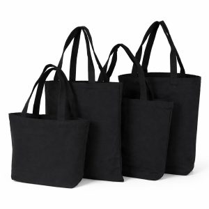 Black canvas tote bags in assorted sizes