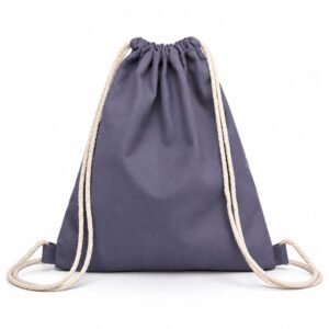 Grey cotton canvas drawstring backpack with natural braided cotton straps, manufactured in Thailand
