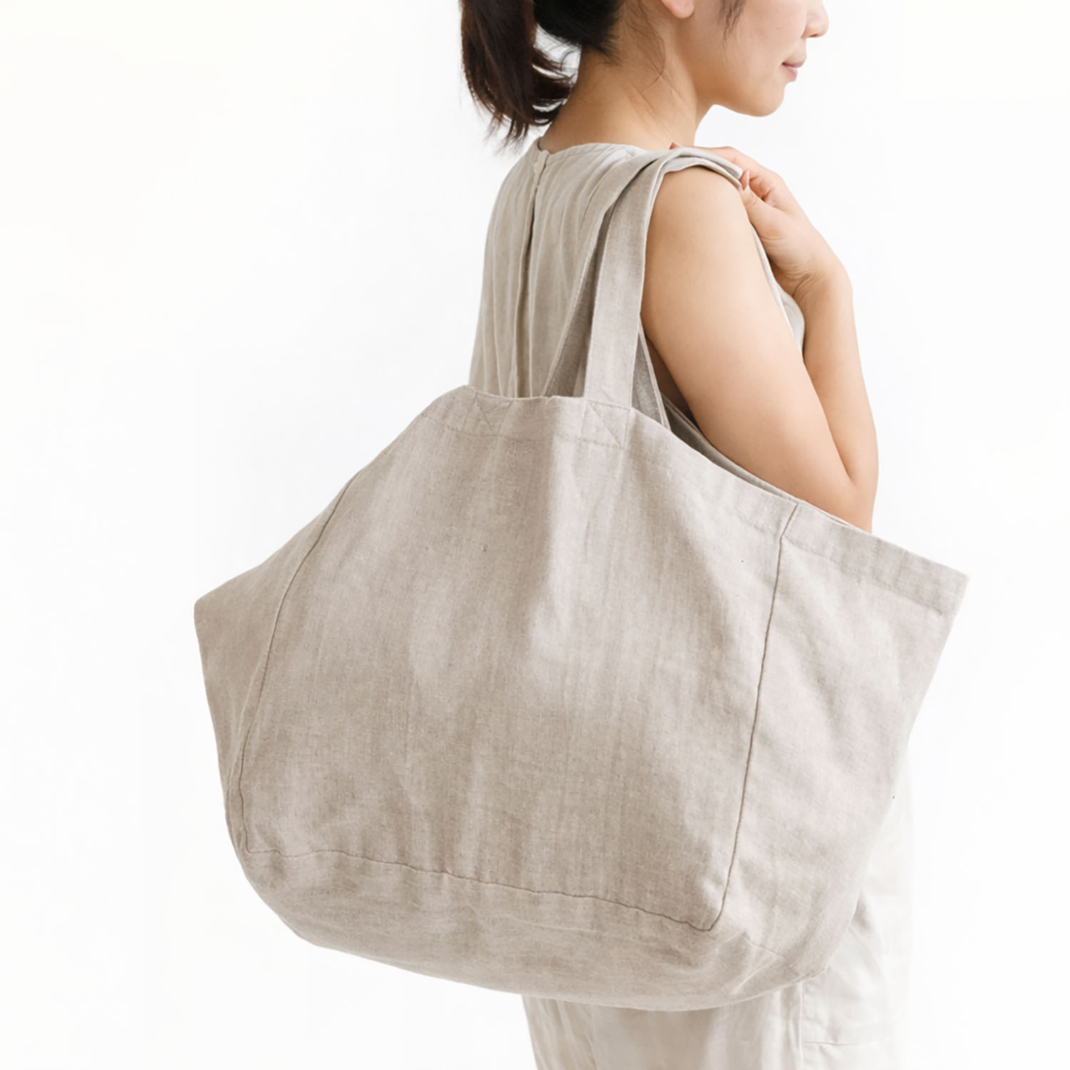 Side view large linen tote bag