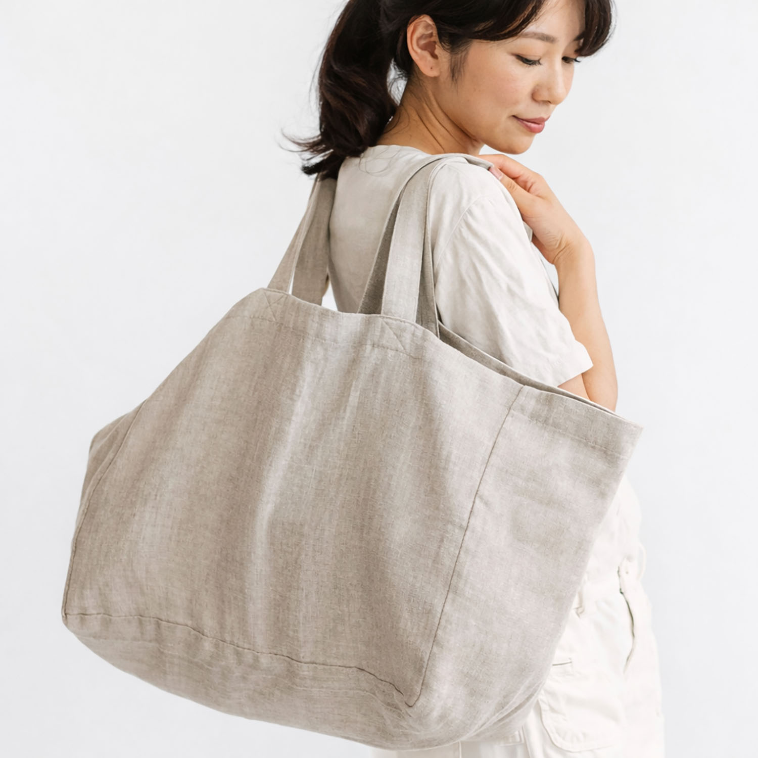 Large natural linen tote bag