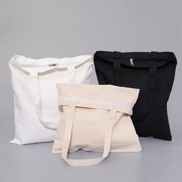 Zippered plain canvas shopping bag