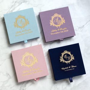 Custom foil stamped velvet box for wedding cards