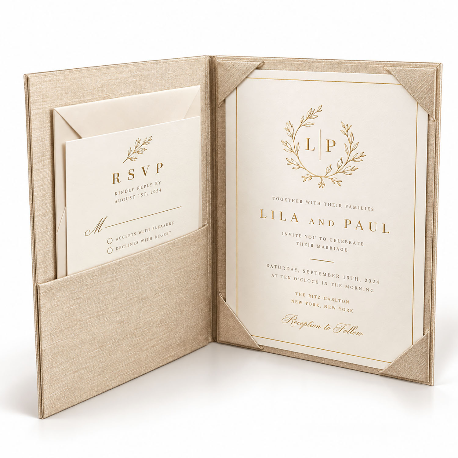 Custom Book Fold Champagne Silk Wedding Invitation Folio