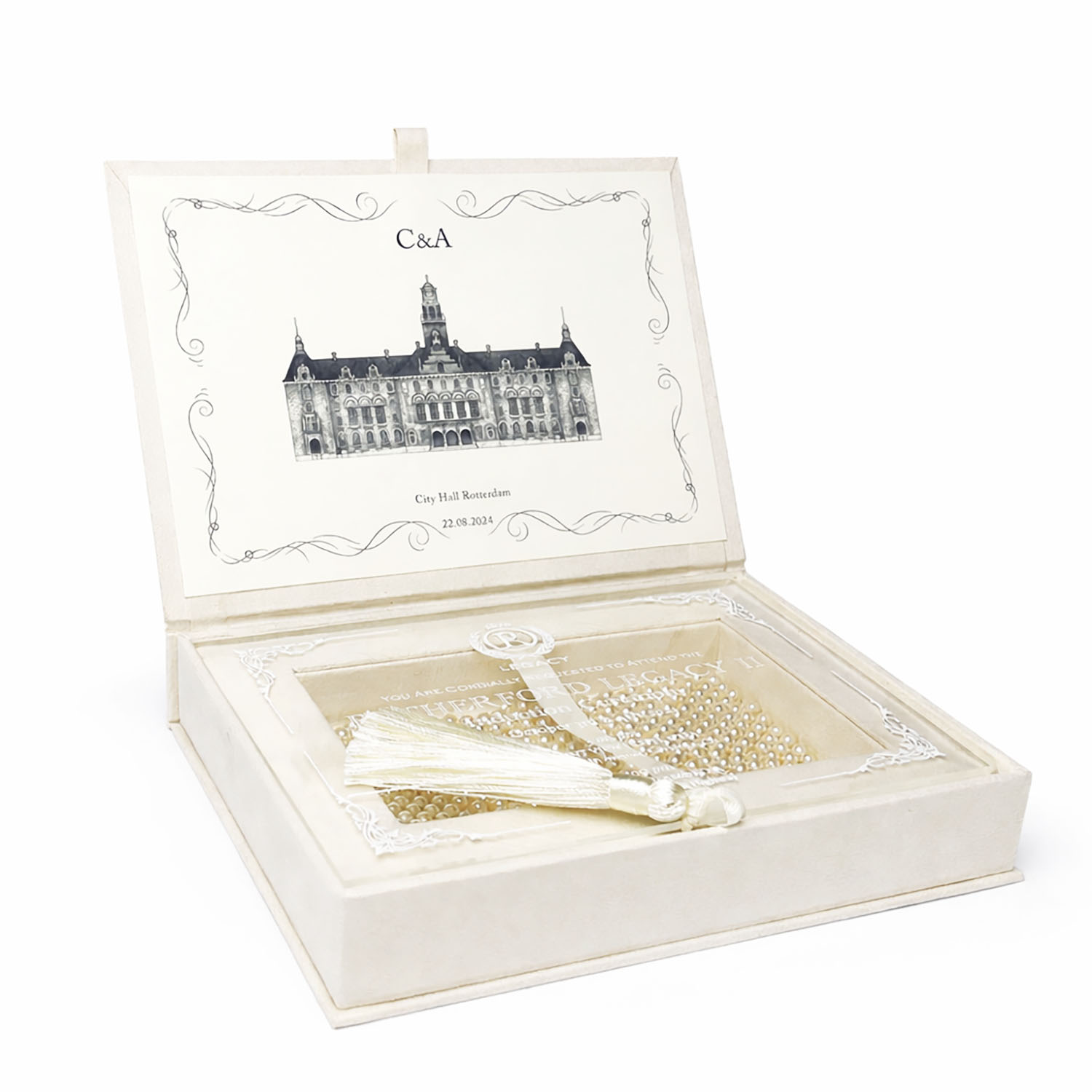 Luxury ivory hinged lid velvet invitation box