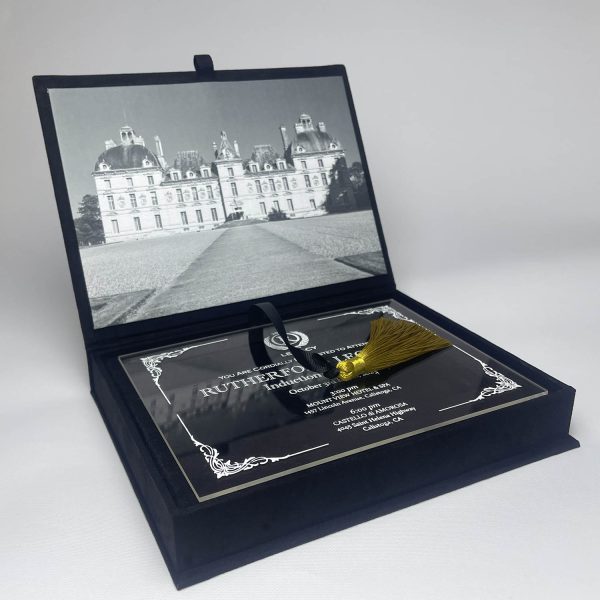 Black wedding box with micro suede and acrylic invitation card