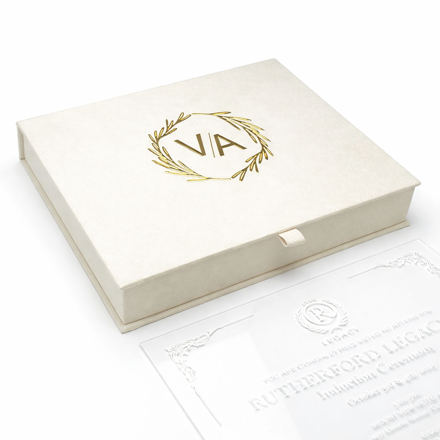 Monogram on ivory invitation box