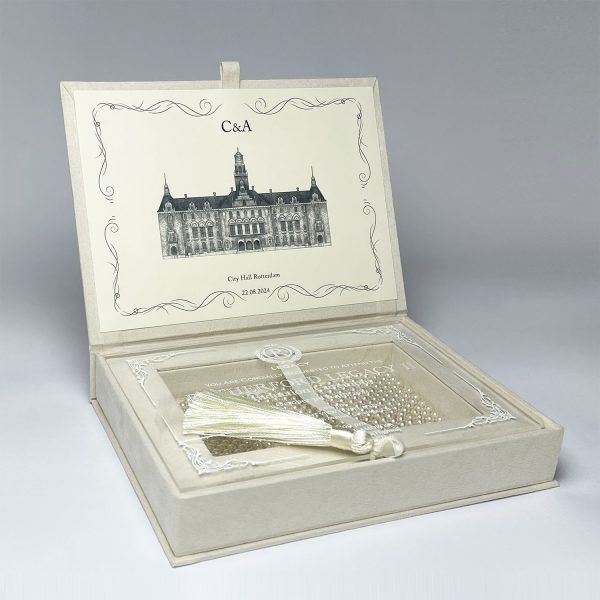 Boxed wedding invitation design with acrylic card, pearls and suede fabric