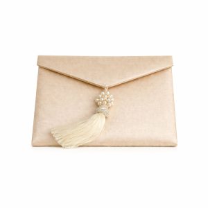 Champagne Silk Wedding Envelope Folio with Tassel and Pearl Brooch