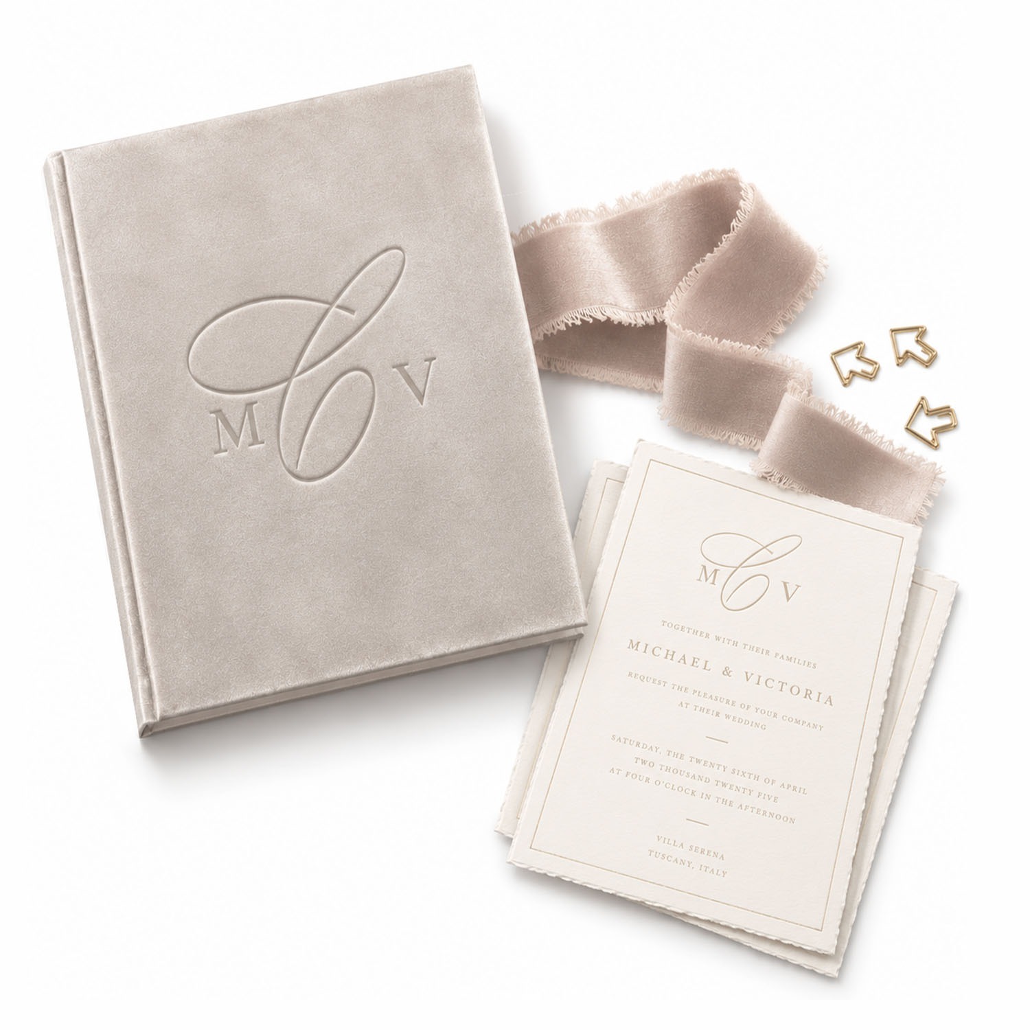 Custom monogram velvet invitation folio with debossed logo