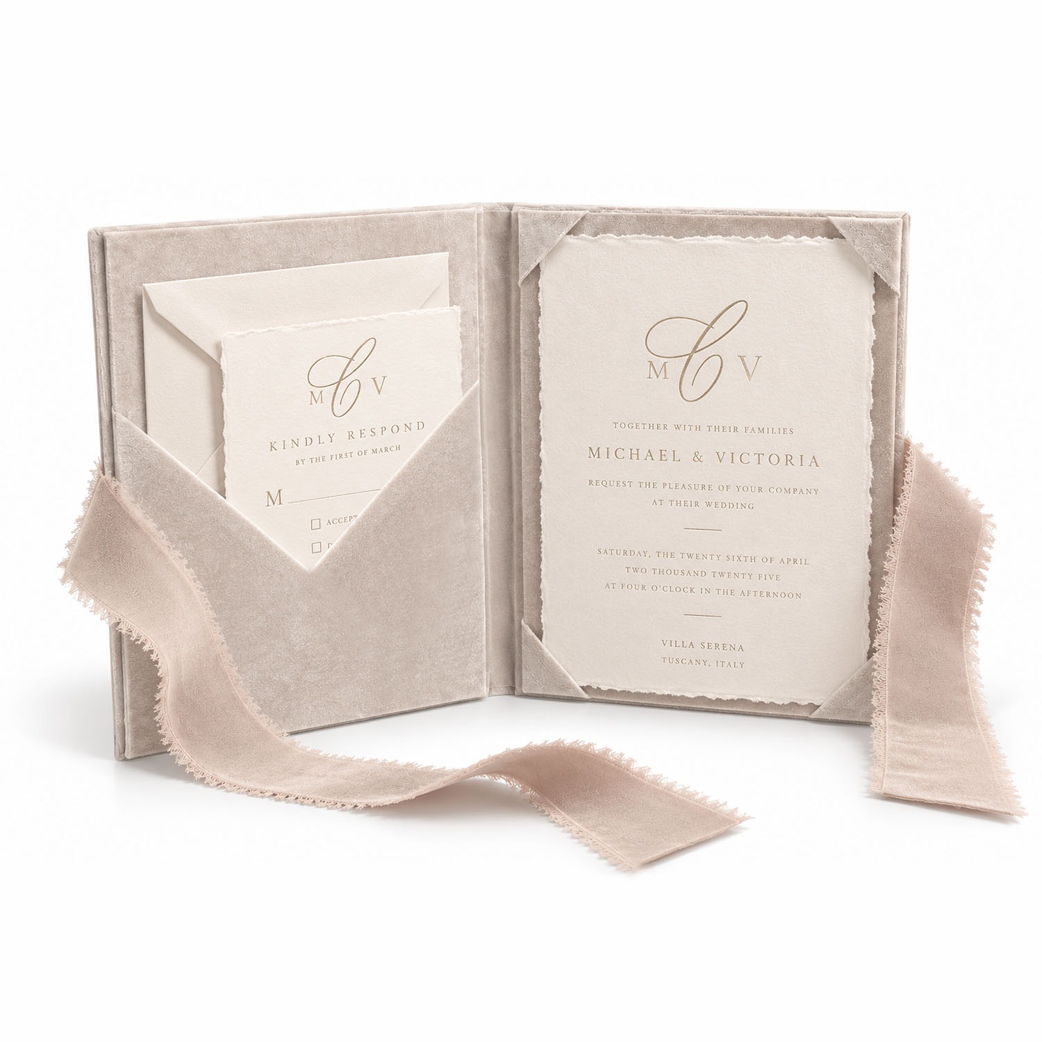 Velvet invitation folio with card holders and enclosure pocket