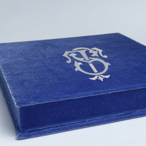 Custom monogram invitation box with velvet fabric