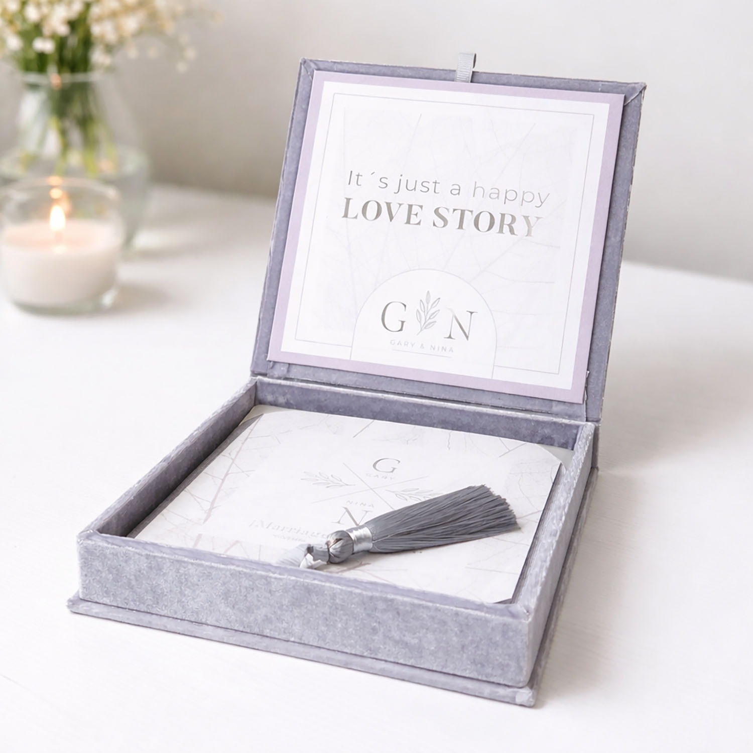 Square Velvet Boxed Wedding Invitation with Gold Monogram