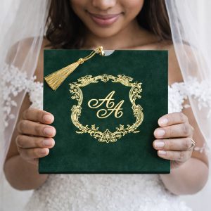 Monogram foil stamped green velvet invitation card