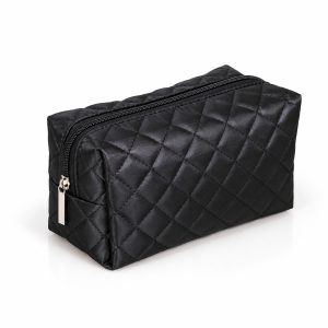 Black Quilted Satin Cosmetic Bag