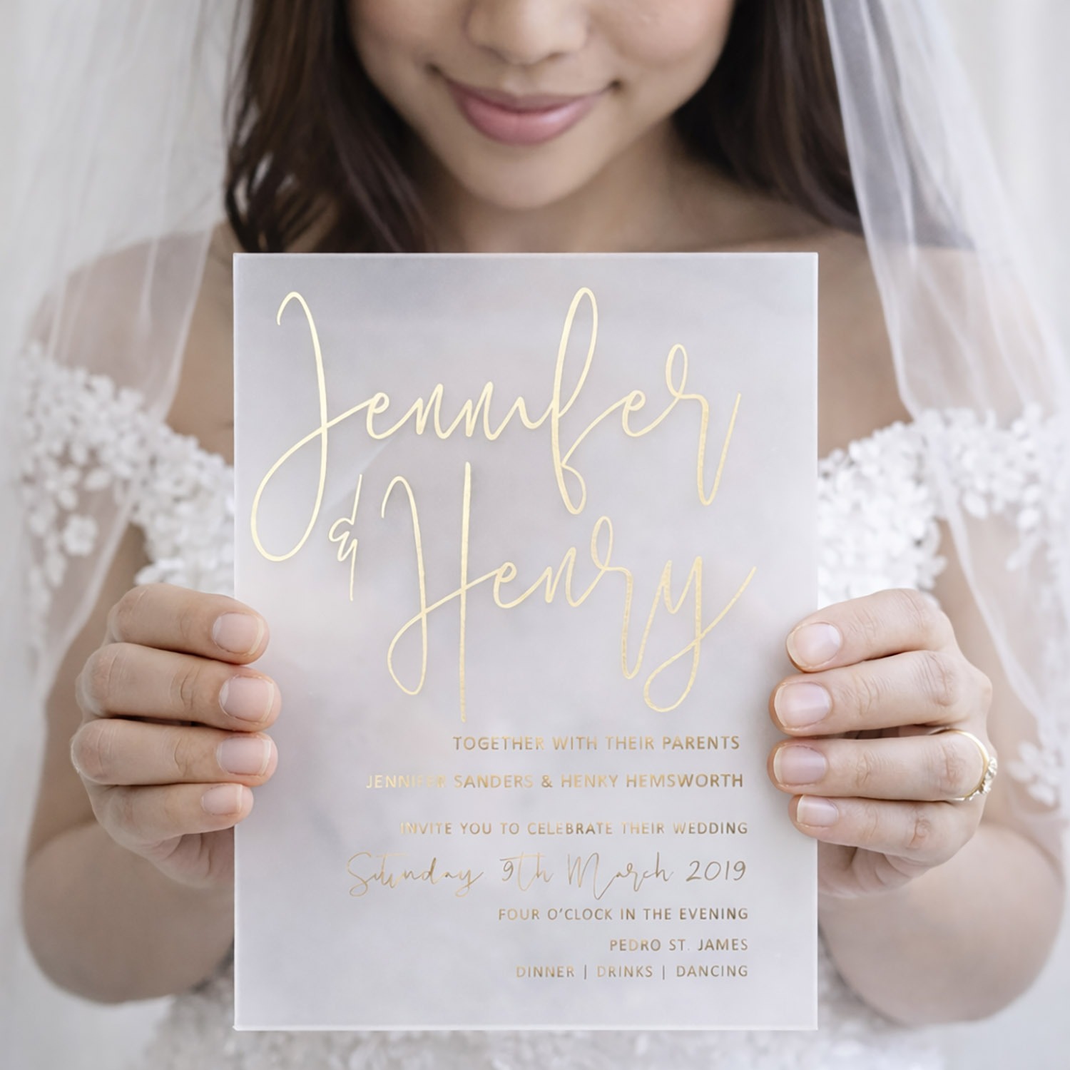 Frosted acrylic wedding invitation card with gold foil wording