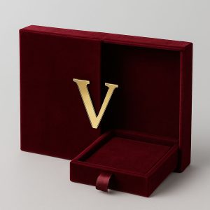 Luxury red velvet invitation box with V monogram