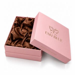 Custom luxury pink rigid gift box with chocolate brown satin lining, removable lid and gold foil stamped logo