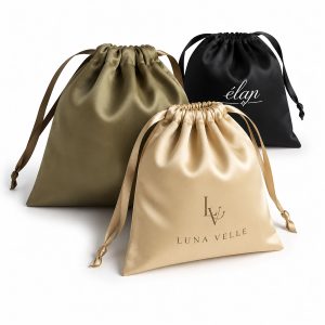 Luxury custom logo printed satin silk drawstring bags, crafted in Chiang Mai, Thailand