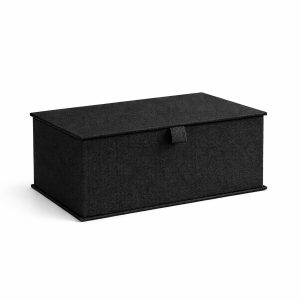 Front view of pur black linen storage box with hinged lid