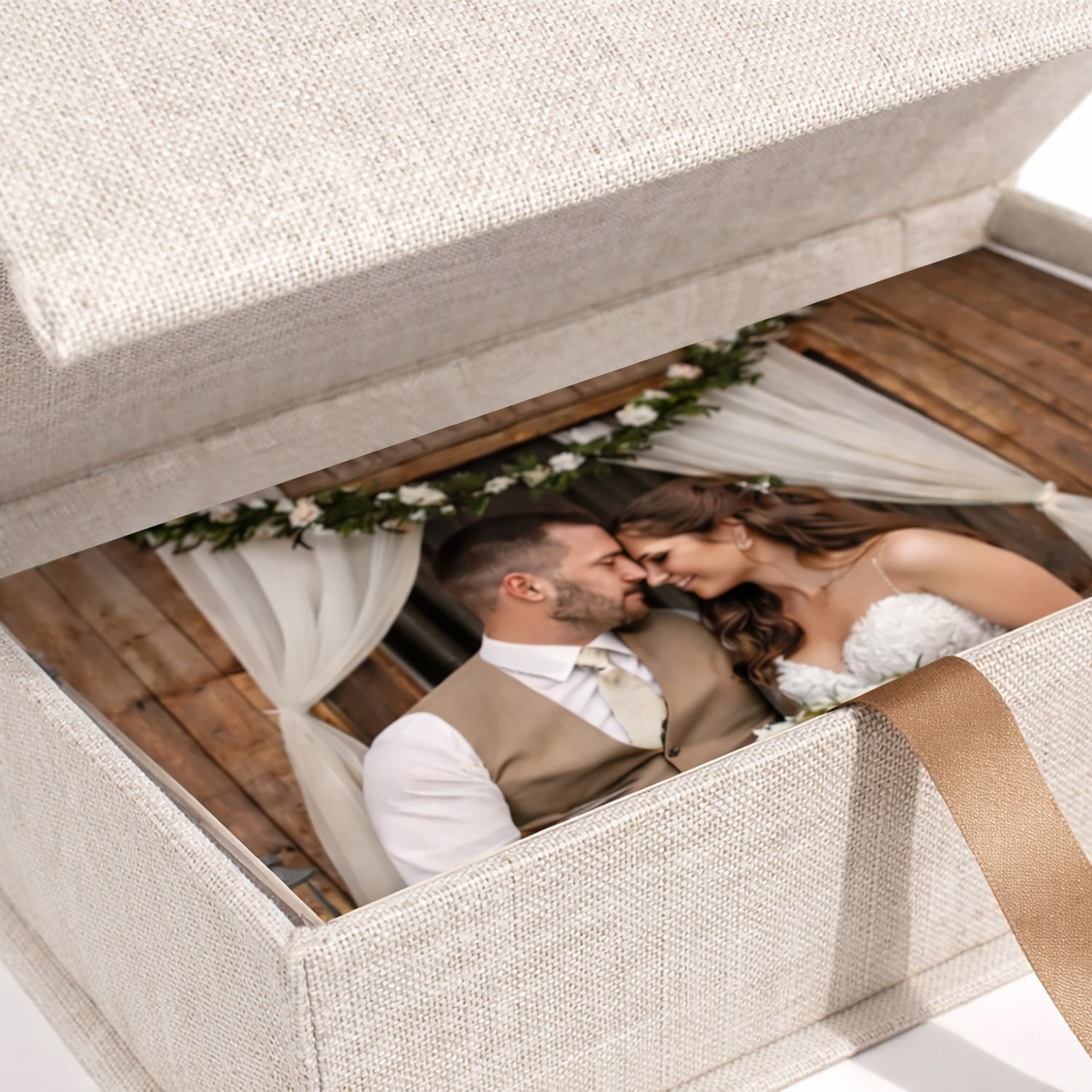 Close up of linen photo storage box from Thailand