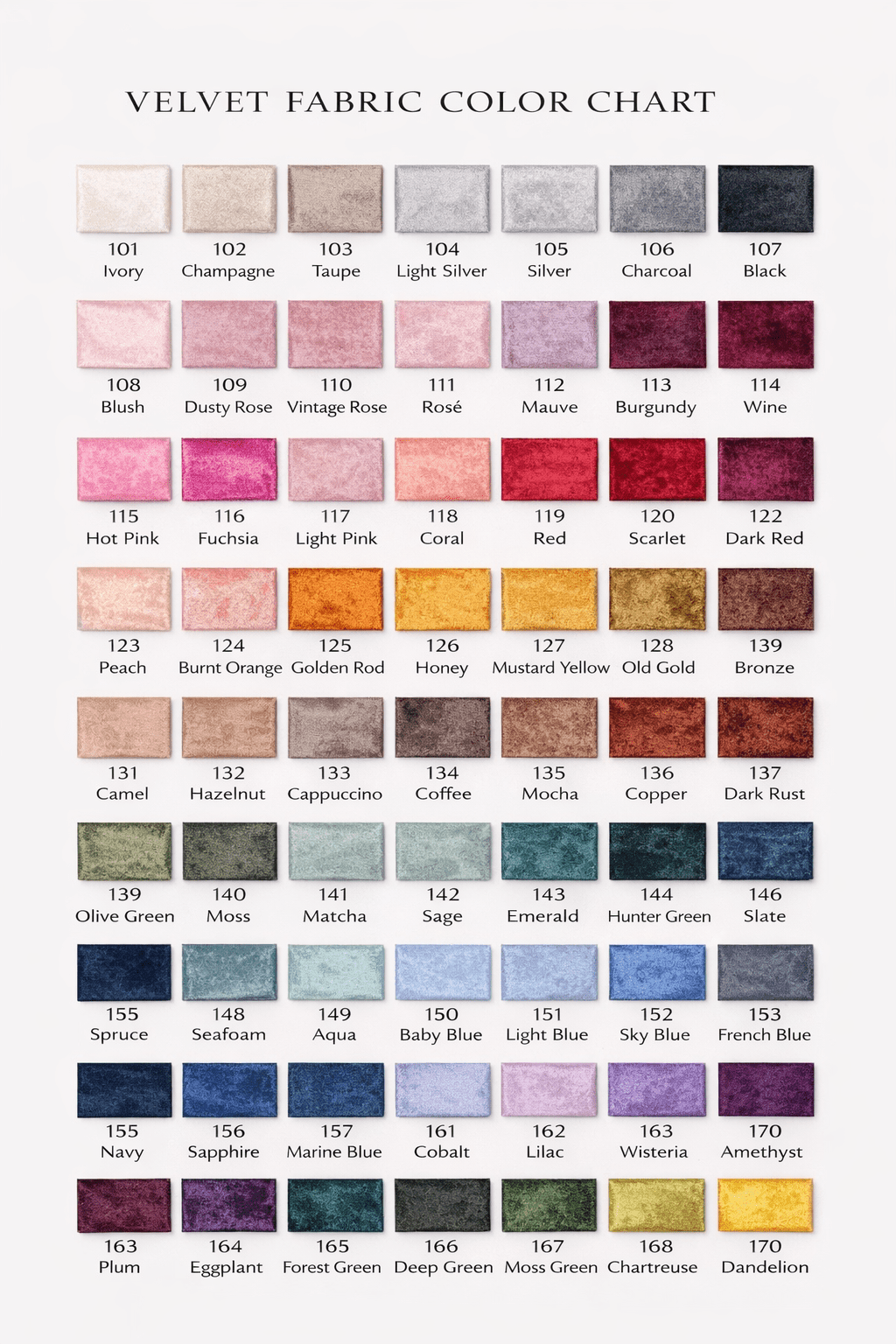Velvet fabric color chart