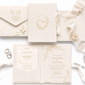 Luxury ivory wedding invitation suite with folio, handmade in Thailand
