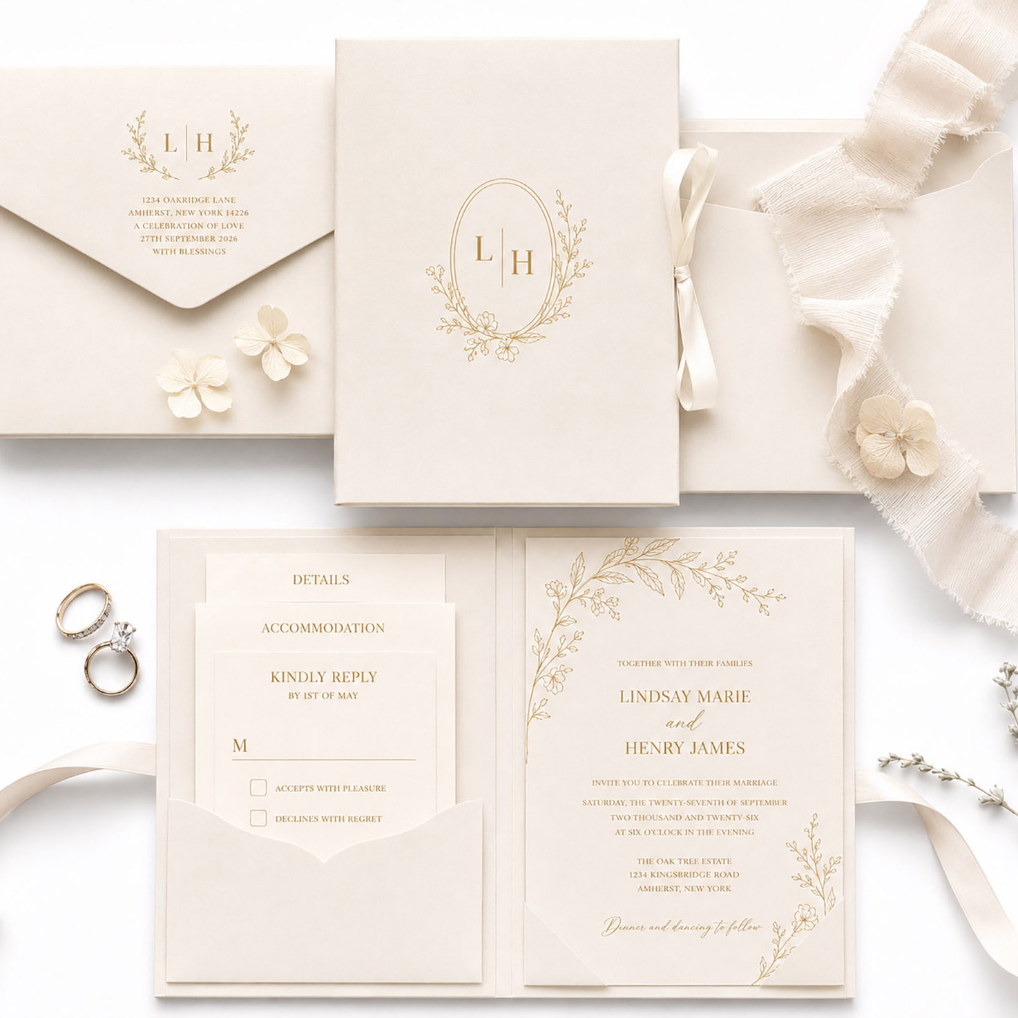 Luxury ivory wedding invitation suite with folio, handmade in Thailand