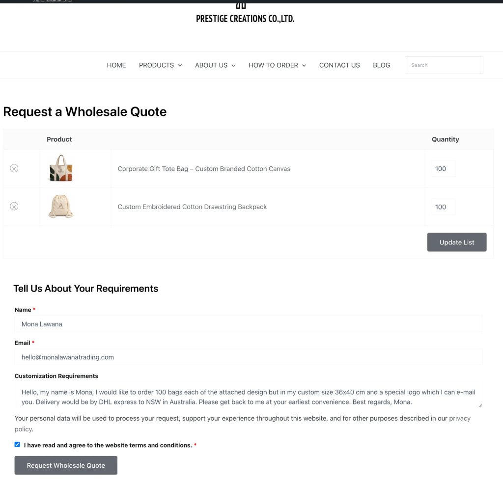 Wholesale quote request form for custom product requirements