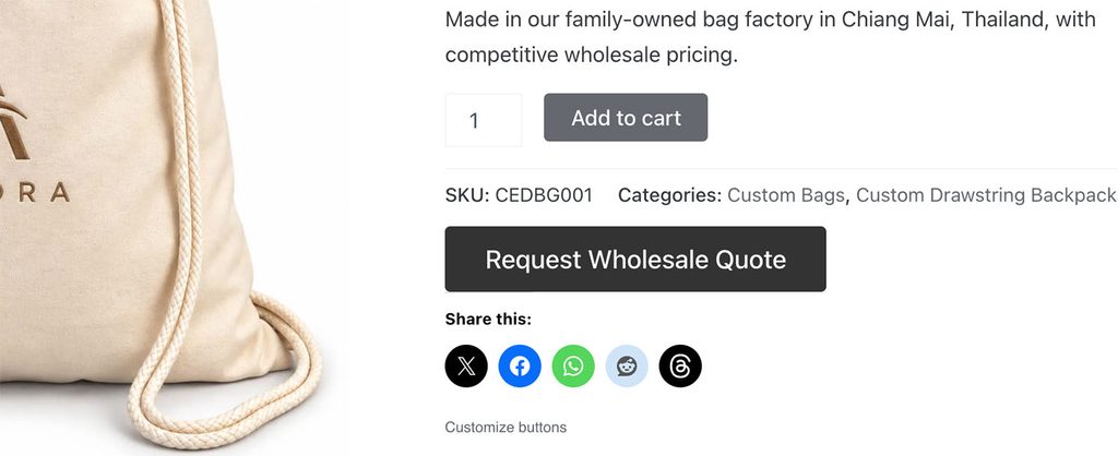Request Wholesale Quote button on Handbag Asia product page