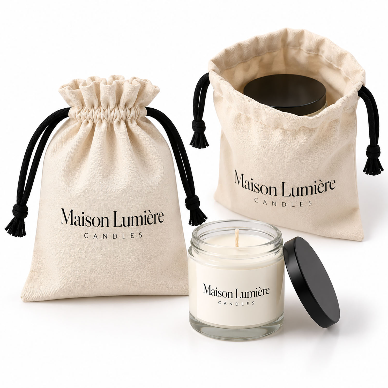 Ivory cotton candle packaging pouch with black drawstrings