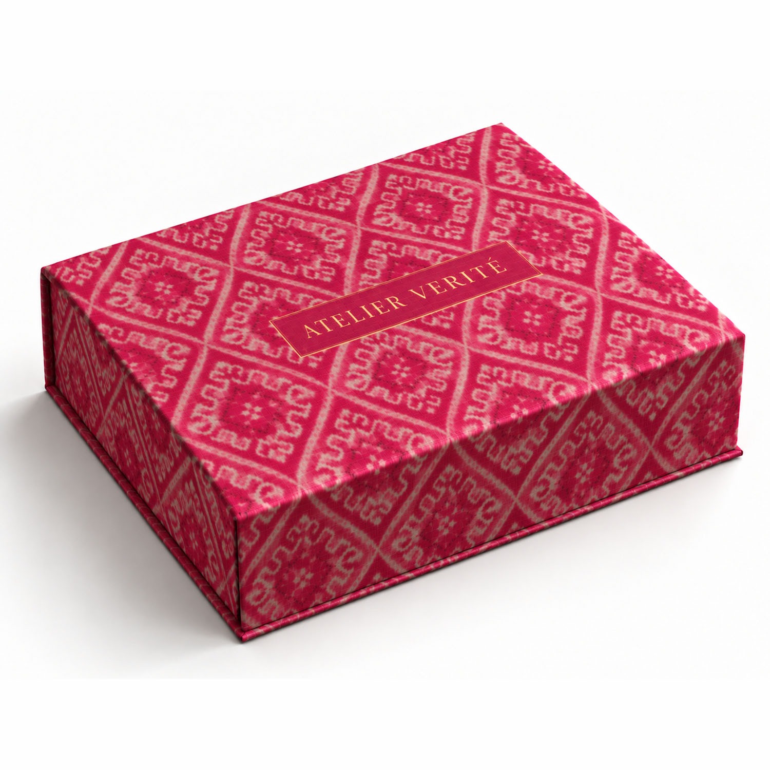 Luxury Thai Mudmee silk magnetic closure gift box in pink and khaki