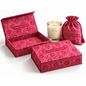 Luxury silk gift packaging box with matching drawstring pouch and candle